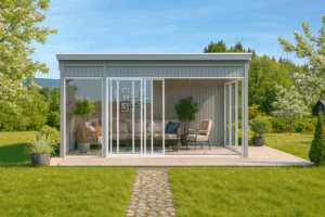 hagestue med pulttak på frittstående platting