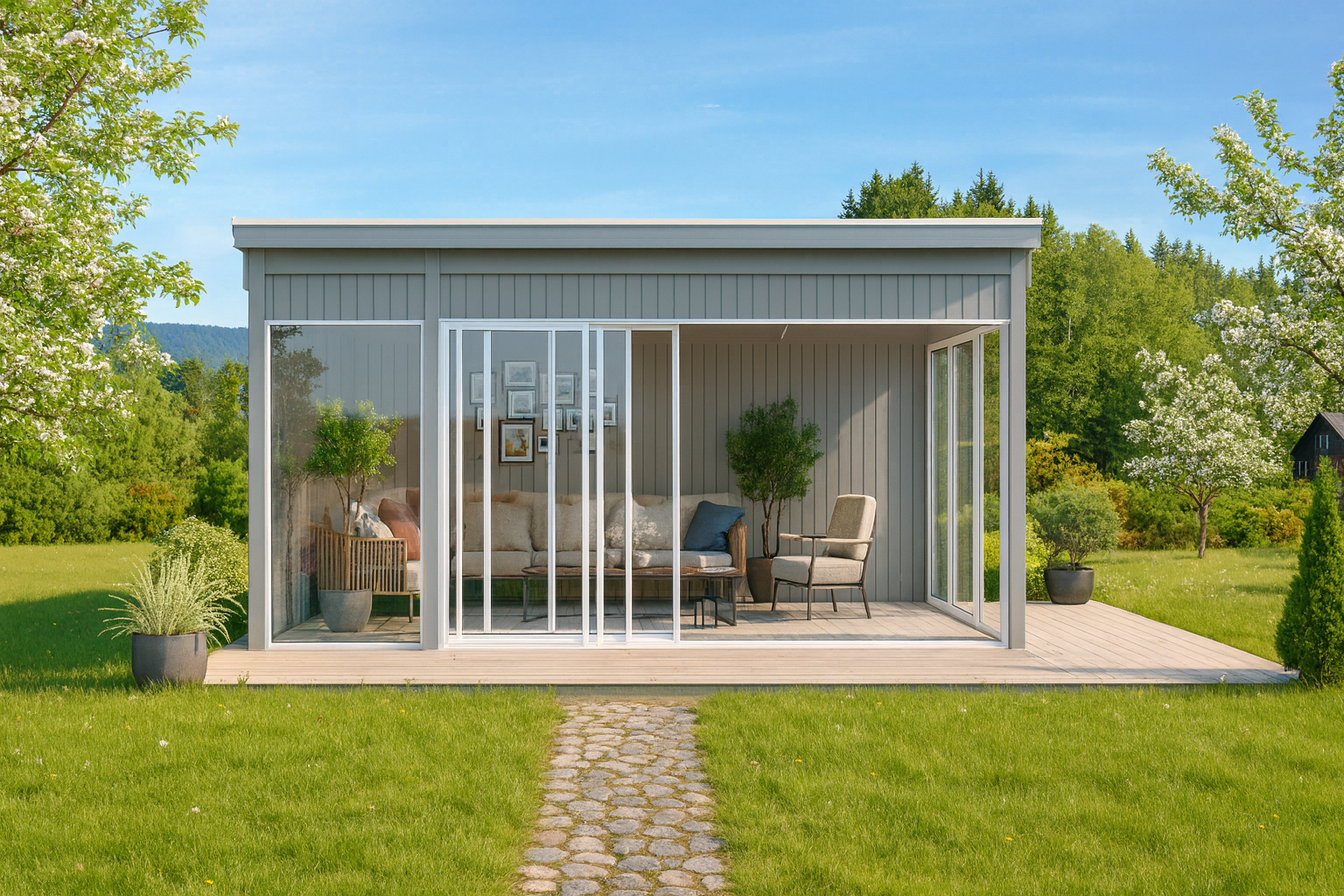 hagestue med pulttak på frittstående platting