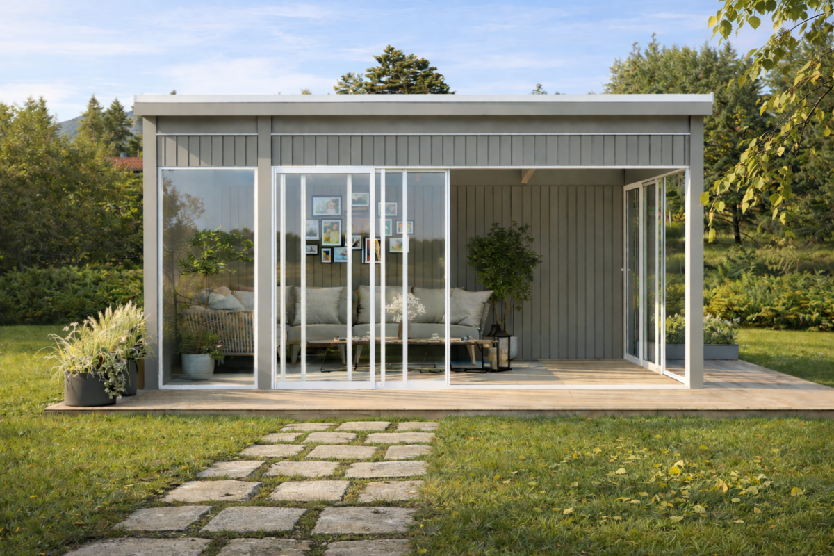 Moderne uisolert hagestue Hardanger 16,2 m² fra Uteplassen med glassfasade, slitte heller i hagen og bjørkeblader på gresset i sommerlys