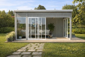 Moderne uisolert hagestue Hardanger 16,2 m² fra Uteplassen med glassfasade, slitte heller i hagen og bjørkeblader på gresset i sommerlys