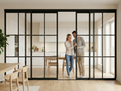 Industriell skyvedør som romdeler mellom kjøkken og stue