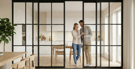 Industriell skyvedør som romdeler mellom kjøkken og stue