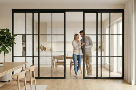 Industriell skyvedør som romdeler mellom kjøkken og stue