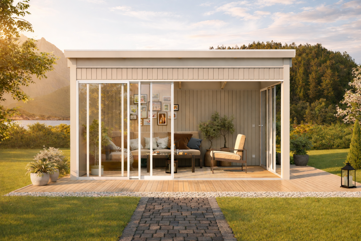 Uisolert hagestue Kragerø 13,6 m² fra Uteplassen på hevet platting, vist i vårsol med gruskant og mørk brosteinssti i hagen