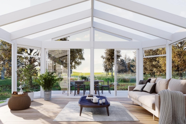 Thermolight taksystem 16 mm saltak i veggmonterte hagestuen med hvite glasspartier