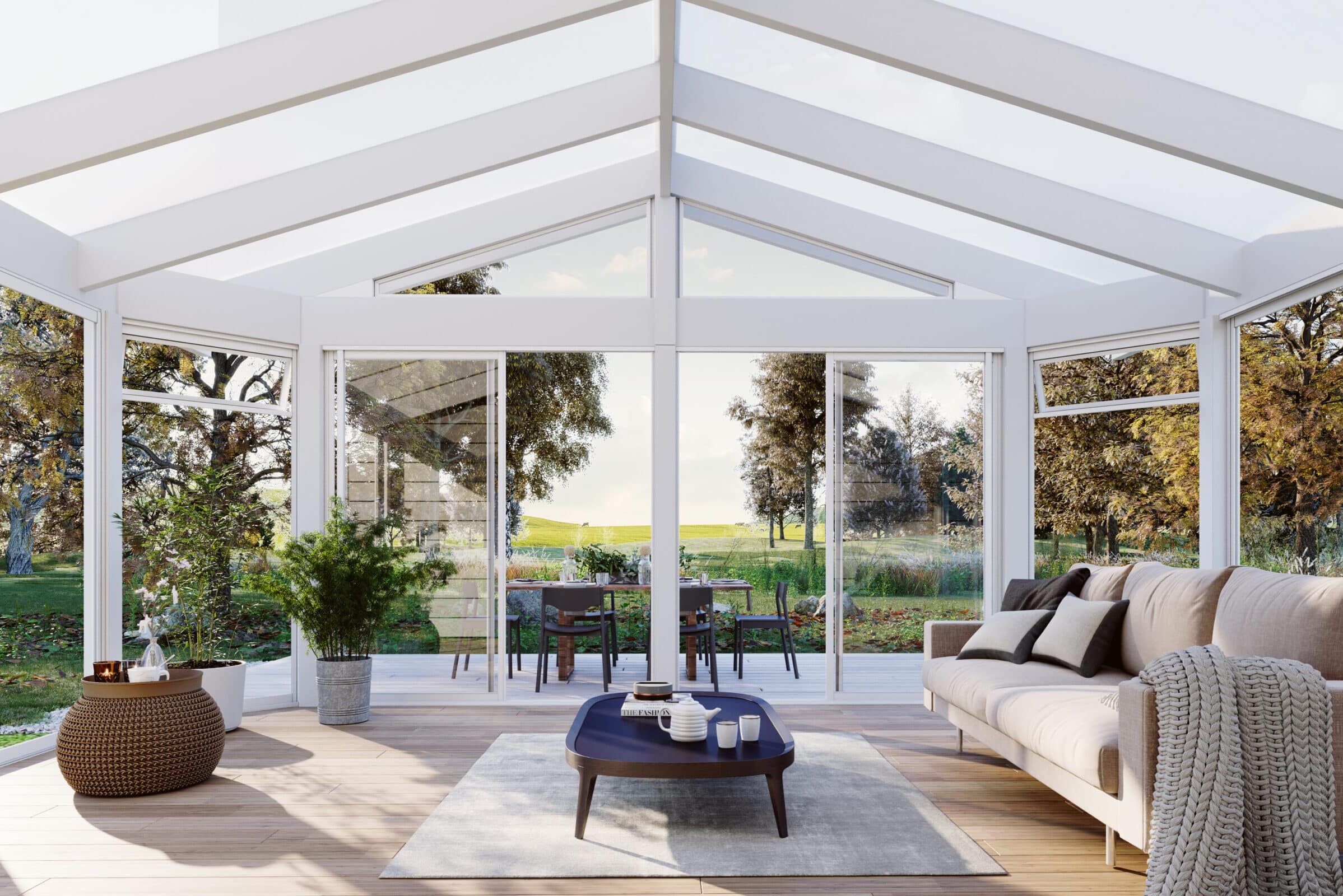 Thermolight taksystem 16 mm saltak i veggmonterte hagestuen med hvite glasspartier