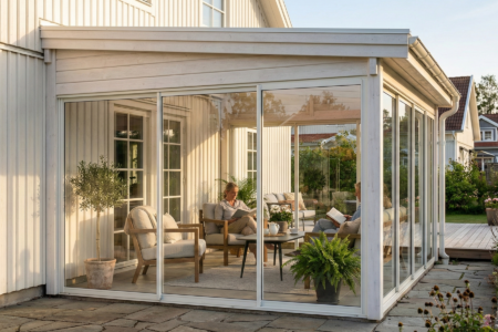 Hygge pulttak Sommer uisolert hagestue med skyvedører i glass montert på enebolig – skreddersydd hagestue etter mål fra Uteplassen