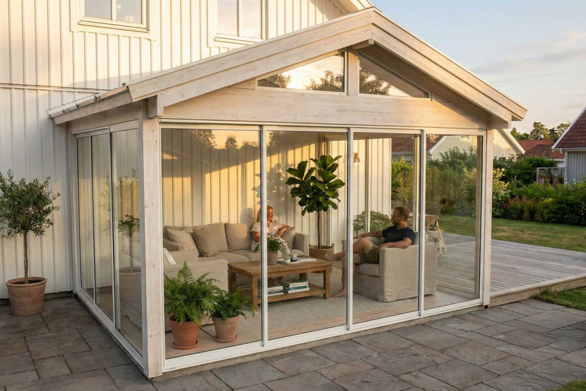 Uisolert Fest saltak Sommer hagestue i hvit utførelse med skyvedører i glass og skråkappede glassfelt sett fra utsiden