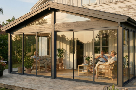 Fest Saltak Sommer uisolert hagestue med saltak og skyvedører i herdet glass, tilpasset etter mål, montert på terrasse.