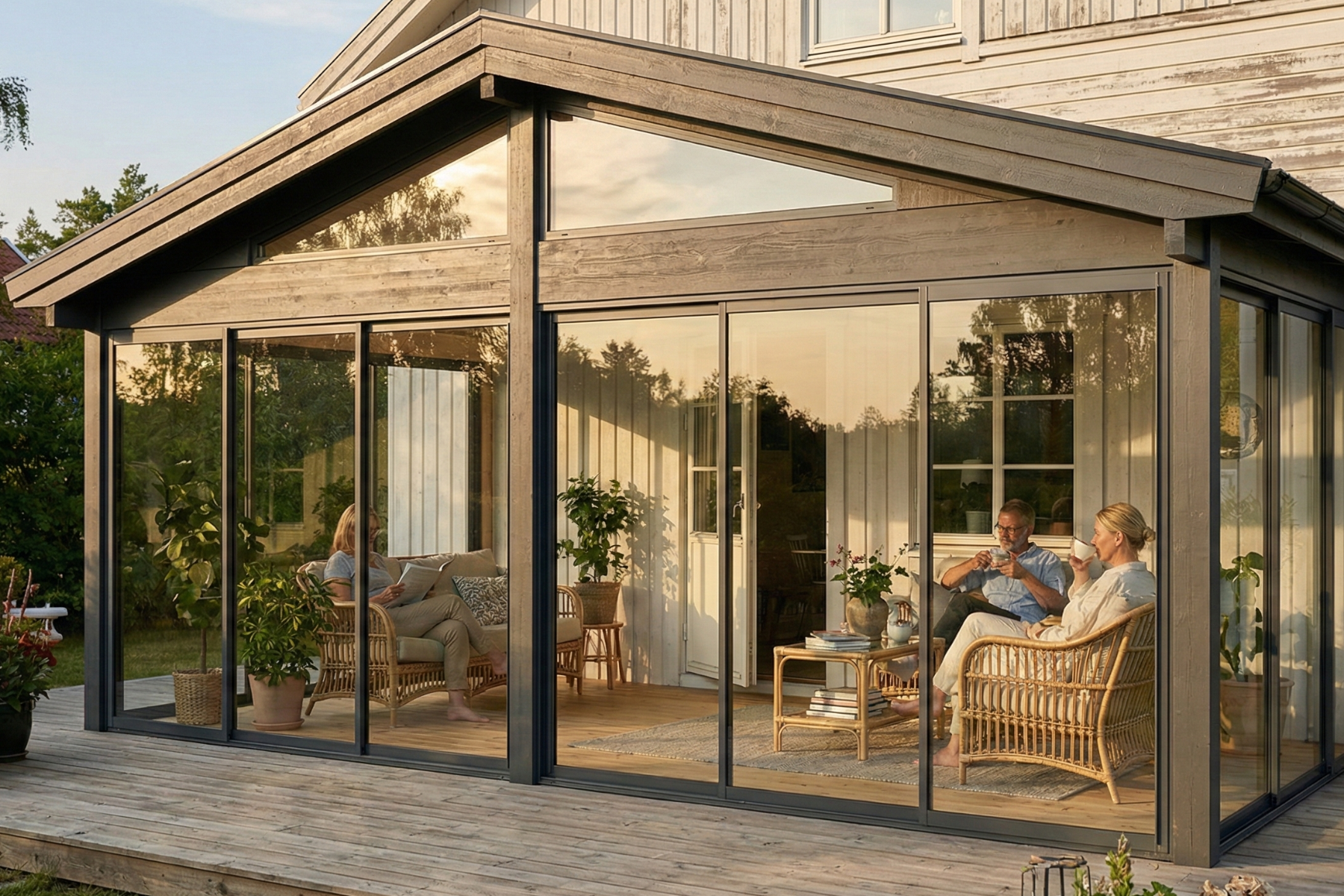 Fest Saltak Sommer uisolert hagestue med saltak og skyvedører i herdet glass, tilpasset etter mål, montert på terrasse.