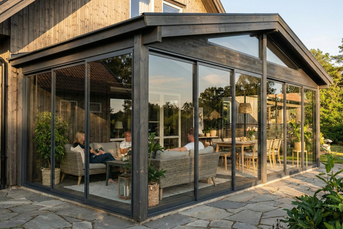 Fest saltak Vinter+ vinterhage med skyvedører i front og skråkappede glass, sett fra utsiden