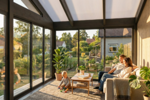 Innvendig bilde av uisolert Fest saltak Sommer hagestue med store skyvedører i glass og utsikt mot hage og terrasse