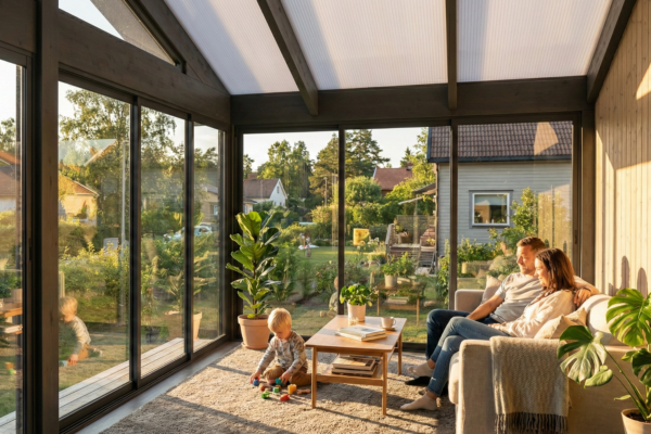 Innvendig bilde av uisolert Fest saltak Sommer hagestue med store skyvedører i glass og utsikt mot hage og terrasse