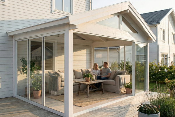 Fest Saltak Sommer+ uisolert hagestue med saltak og skyvedører i herdet energiglass montert på terrasse