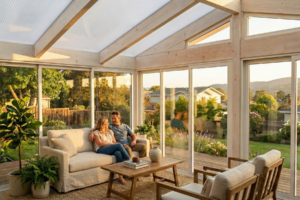 Innvendig visning av uisolert Fest saltak Sommer+ hagestue med store glassflater, skråkappede glass og skyvedører mot hage.