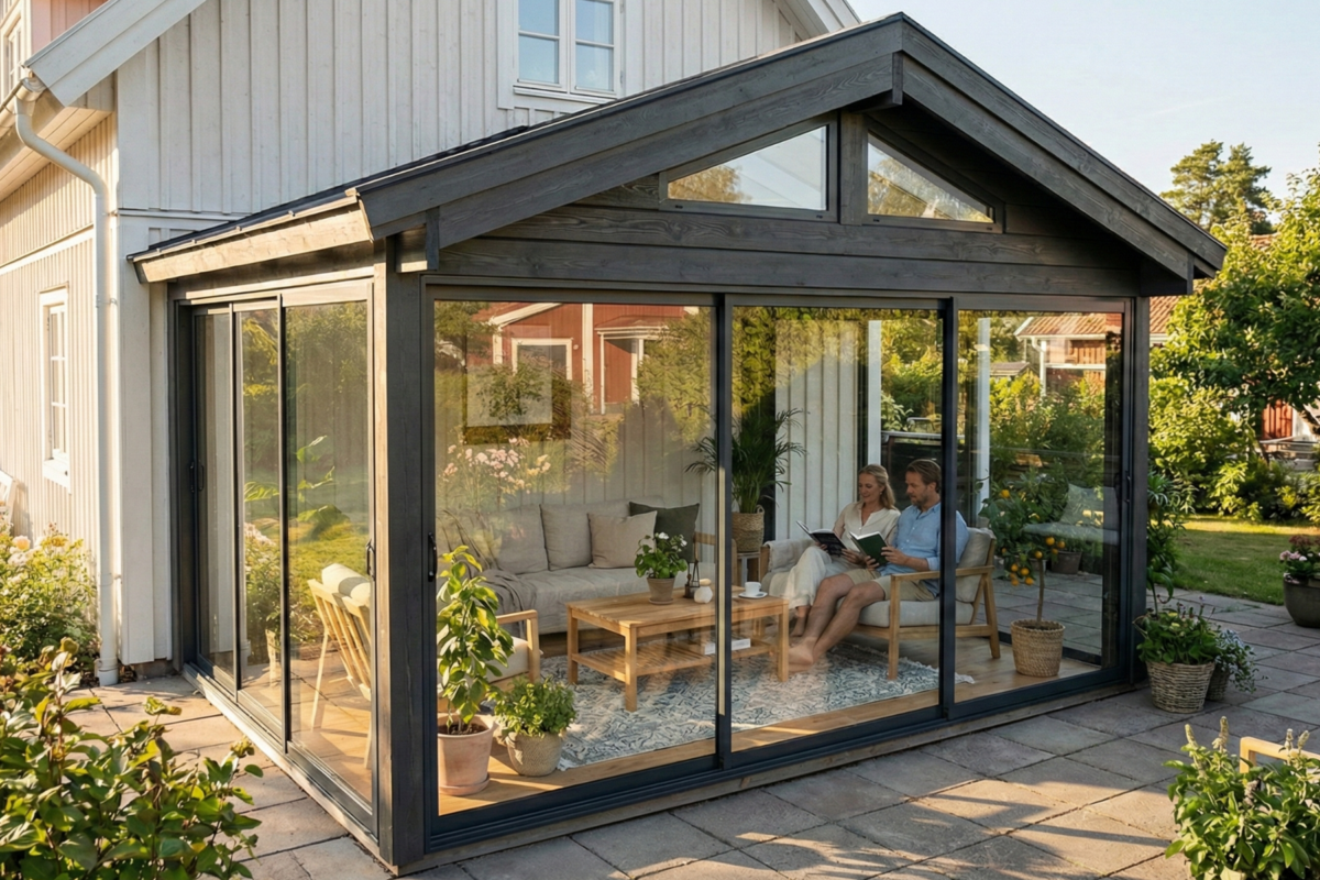 Fest Saltak Vinter+ isolert hagestue med skyvedører i 2-lags isolerglass med argongass – helårs hagestue tilpasset etter mål