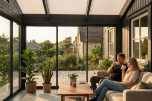 Innvendig bilde av Fest saltak Vinter+ vinterhage med store glassflater, skyvedører og saltak