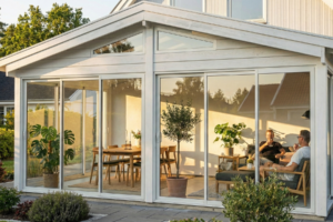 Isolert hagestue Fest saltak Vår/Høst+ med skyvedører i 2-lags isolerglass med argongass og moderne hvitmalt konstruksjon