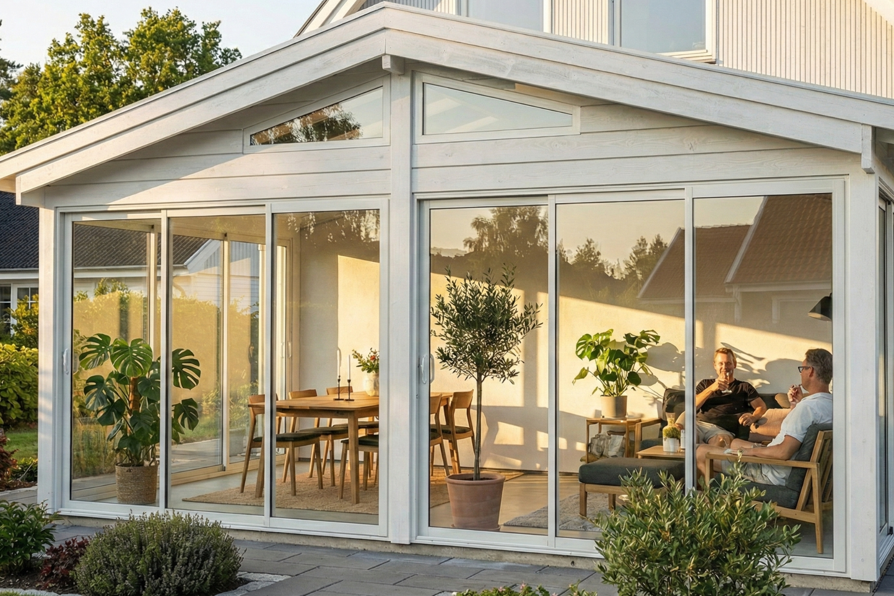 Isolert hagestue Fest saltak Vår/Høst+ med skyvedører i 2-lags isolerglass med argongass og moderne hvitmalt konstruksjon